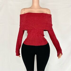 Off-Shoulder Red Knit Long Sleeves Sweater